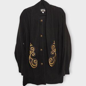 Vtg Bob Mackie Womens Jacket Sz 2X Black Fleece Gold Design Scarf Wrap‎ Art 80s